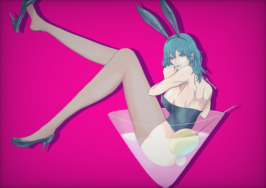 alcohol alternate_costume asan5528 ass blue_eyes bunny_ears bunny_girl bunnysuit byleth_(fire_emblem) byleth_(fire_emblem)_(female) female fire_emblem fire_emblem:_three_houses large_breasts nintendo solo