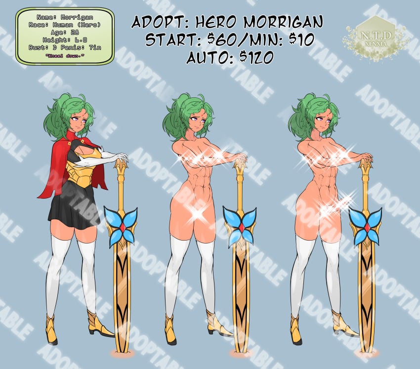 1futa 1girls abs adopt adoptable adoptables armor atelier_sol_aer big_breasts big_penis breasts censored character_sheet clothed clothing cup_size d-cup_breasts erection female fully_clothed futanari green_hair human light-skinned_female light-skinned_futanari light_skin muscular muscular_female muscular_futanari nude penis purple_eyes red_eyeliner red_eyeshadow smug standing sword tan_skin text xenxia ych ych_(character)