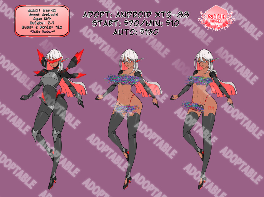 1futa 1girls adopt adoptable adoptables android atelier_sol_aer barcode barcode_tattoo breasts c-cup_breasts censored clothed clothing cup_size dark-skinned_female dark-skinned_futanari dark_skin female fully_clothed futa_sans_balls futanari heels human nude penis pink_hair red_eyes robot robot_girl robot_humanoid robot_joints silver_hair skin_tight solo tattoo white_hair xenxia ych ych_(character)