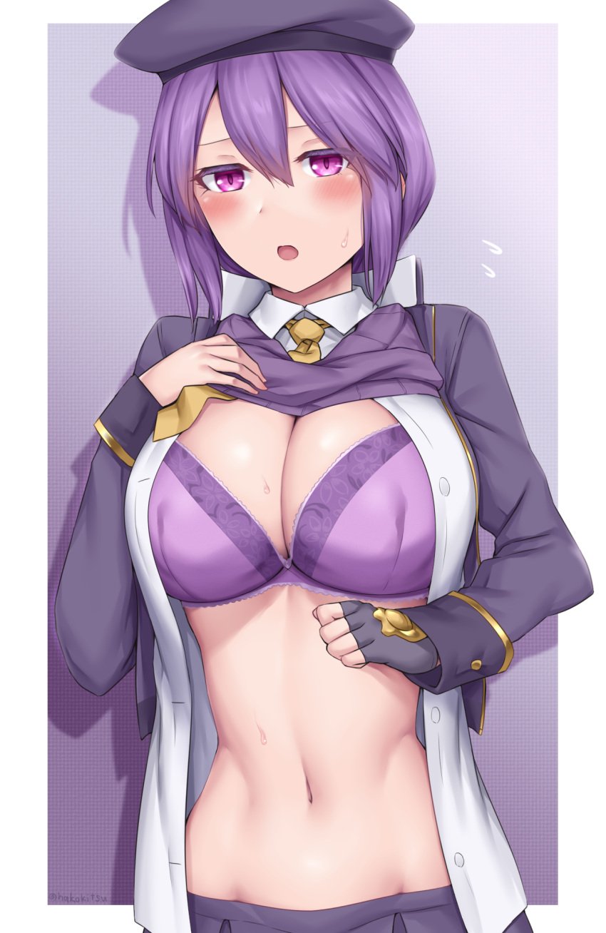 beret big_breasts blush bra cleavage embarrassed female female_only flashing flashing_breasts hat lace-trimmed_bra looking_at_viewer melty_blood open_clothes open_jacket open_mouth open_shirt purple_bra purple_eyes purple_hair shirt_lift single_glove sion_eltnam_atlasia solo soukitsu sweat sweater_lift type-moon