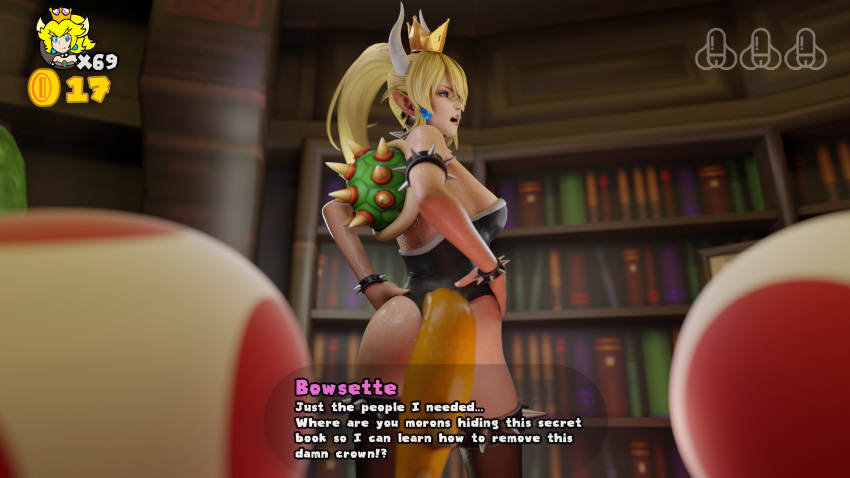 3d 69_(number) angry ass big_ass bowsette curvy dialogue english_text female group library mario_(series) new_super_mario_bros._u_deluxe nintendo rule_63 super_mario_3d_world text toad_(mario) tscd_rendering unseen_male_face