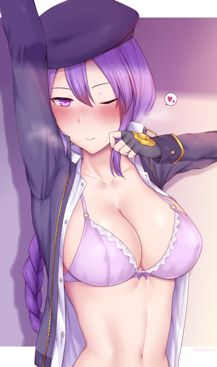 alternate_version_available arm_up beret big_breasts blush bra braid braided_hair cleavage female female_only fingerless_gloves hat long_hair looking_at_viewer melty_blood one_eye_closed open_jacket open_shirt purple_eyes purple_hair single_braid sion_eltnam_atlasia smile solo soukitsu spoken_heart type-moon upper_body