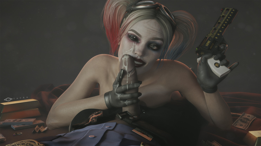 1girls 3d batman_(series) big_penis blonde_hair cum cum_on_face dc dc_comics erection eyeshadow facial female female_focus firearm gun handgun harley_quinn harley_quinn_(injustice) human injustice_2 lipstick male pale_skin penis police police_uniform pov revolver straight tayra topless twintails weapon