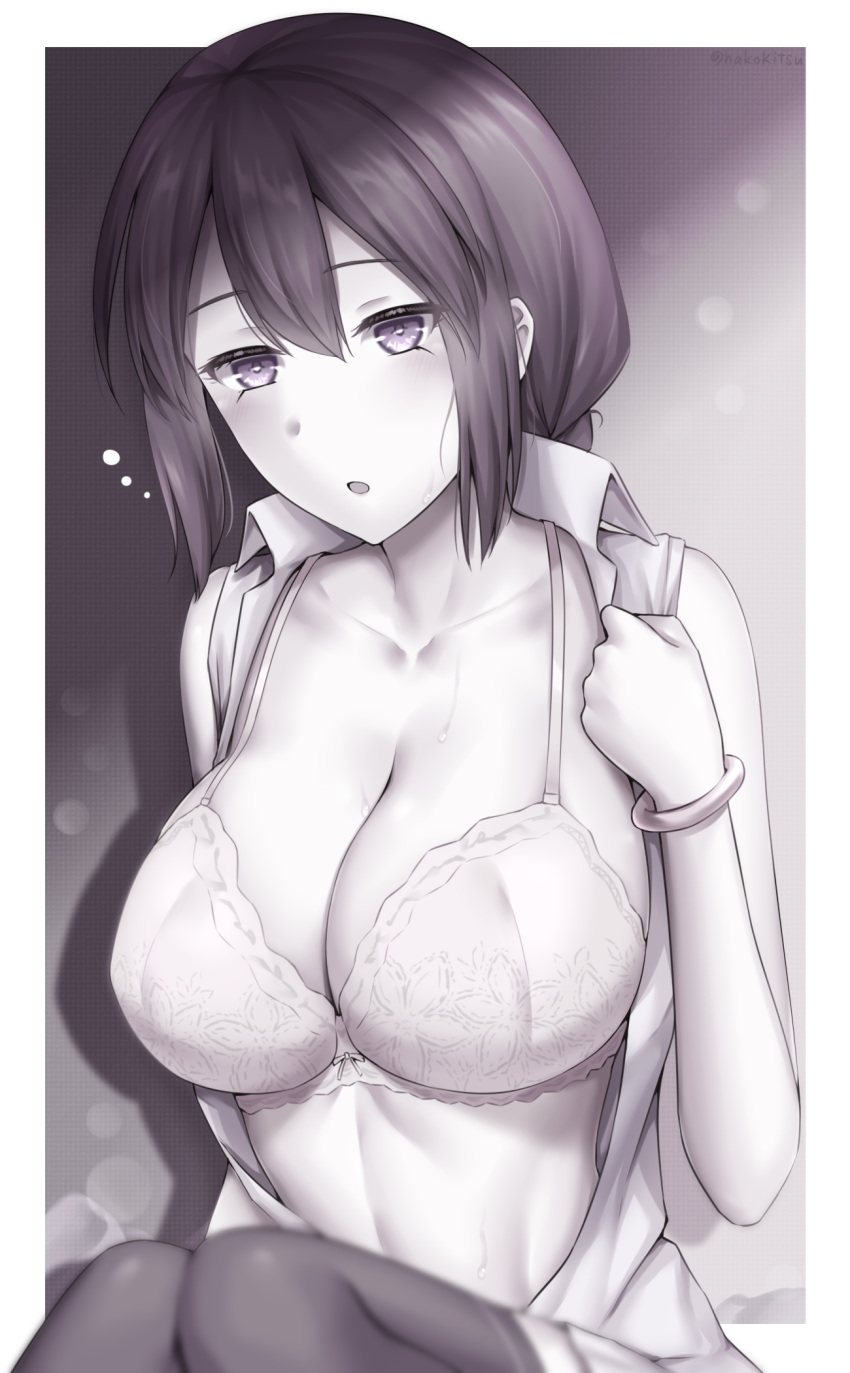 big_breasts blush bra bracelet clothing female female_only looking_at_viewer melty_blood monochrome open_shirt sion_eltnam_atlasia sleeveless_shirt solo soukitsu sweat type-moon undressing