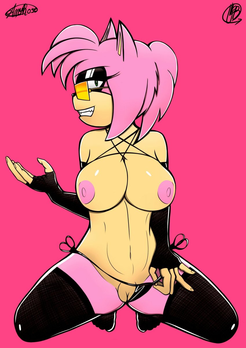 amy_rose anthro armwear big_breasts black_eyeshadow breasts clothed clothing clothing_aside elbow_gloves eulipotyphlan eyeshadow female genitals gloves grin handwear hedgehog hi_res huge_breasts legwear looking_at_viewer makeup mammal mostly_nude panties panties_aside pink_background pussy sega simple_background smile solo sonic_(series) sonic_the_hedgehog_(series) spread_legs spreading thigh_highs topless underwear underwear_aside urbanica