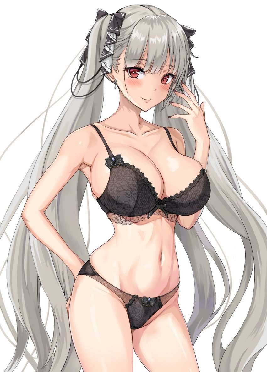 amagi_(amagi626) arm_behind_back azur_lane black_bra black_nails black_panties blush bra breasts cleavage collarbone earrings female female formidable_(azur_lane) grey_hair hand_on_own_face highres jewelry large_breasts lingerie long_hair looking_at_viewer nail_polish navel panties red_eyes simple_background smile solo twintails underwear upper_body very_long_hair white_background