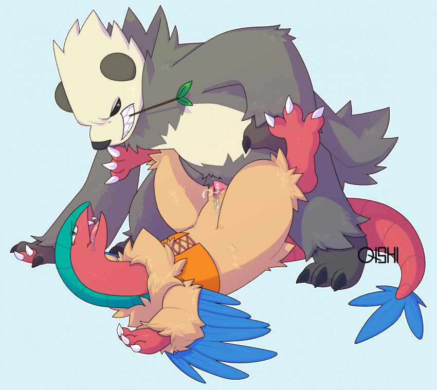 archeops avian bodily_fluids duo female female_penetrated fossil_pokemon from_front_position generation_5_pokemon generation_6_pokemon genital_fluids genitals hi_res looking_pleasured male male/female male_penetrating male_penetrating_female mating_press nintendo o-ishi open_mouth pangoro penetration penile penile_penetration penis penis_in_pussy pokemon pokemon_(species) pussy sex vaginal_penetration vaginal_penetration