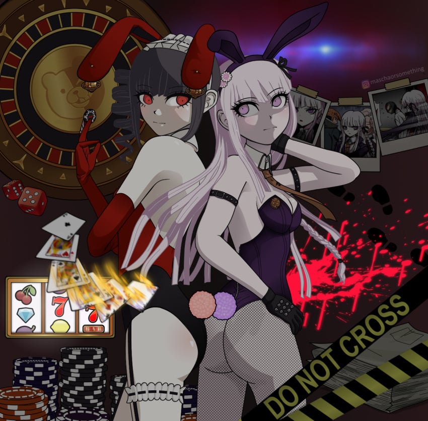 2girls alternate_costume animal_ears arm_strap armwear ass bangs bare_shoulders big_ass black_gloves black_hair black_jacket black_ribbon blonde_hair blood blunt_bangs blush braid braided_hair bunny_ears bunny_hair_ornament bunny_tail bunnysuit butt_crack cards casino celestia_ludenberg center_frills cherry danganronpa danganronpa:_trigger_happy_havoc danganronpa_1 detached_collar diamond dice drill_hair duo duo_focus fake_animal_ears female female_focus female_human female_only fire fishnet_legwear fishnets food gloves hair_ornament hair_ribbon headwear human human_only instagram_username jacket kirigiri_kyouko lemon light_purple_hair long_hair marykawaii mondo_oowada monokuma mukuro_ikusaba multicolored_clothes necktie paper photo_(object) playboy_bunny purple_eyes purple_fur purple_hair purple_jacket purple_leotard rabbit_ears rabbit_tail red_armwear red_eyes red_fur straight_hair strapless thick_ass twin_drills twintails