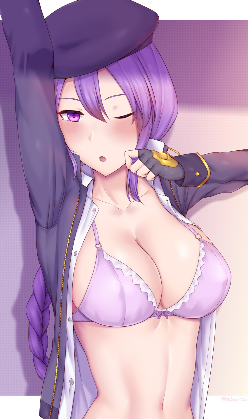 alternate_version_available arm_up beret big_breasts blush bra braid braided_hair cleavage female female_only fingerless_gloves hat long_hair looking_at_viewer melty_blood one_eye_closed open_jacket open_mouth open_shirt purple_eyes purple_hair single_braid sion_eltnam_atlasia solo soukitsu type-moon upper_body