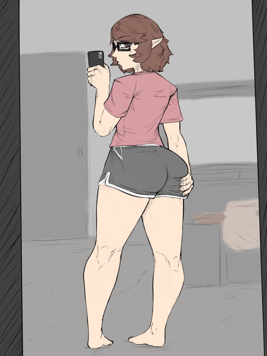 1boy ass ass_grab big_ass brown_eyes brown_hair butterybunz dimitri_monroe feet femboy glasses holding_phone looking_at_viewer male male_focus male_only phone pointy_ears shirt short_shorts shorts solo solo_male standing trap