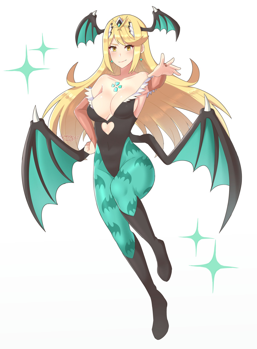 absurdres animal_print bare_shoulders bat_print bat_wings big_sister breasts bridal_gauntlets cleavage clothing cosplay darkstalkers female full_body head_wings highres large_breasts leotard long_hair looking_at_viewer medium_breasts milf morrigan_aensland morrigan_aensland_(cosplay) mythra nintendo onee-chan pantyhose photoshop print_legwear sarukaiwolf simple_background smile solo third_party_edit white_background wings xenoblade_chronicles_(series) xenoblade_chronicles_2