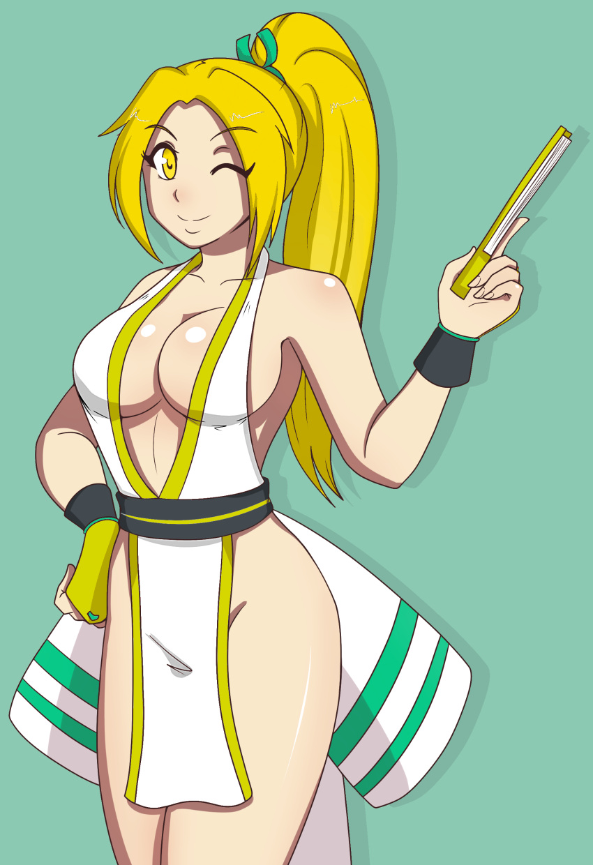 barely_clothed blonde_hair breasts cleavage fan fatal_fury female hayato_stuff king_of_fighters large_breasts long_hair mai_shiranui milf mythra_(xenoblade) mythra_(xenoblade)_(cosplay) ninja no_bra no_panties no_underwear nude_underneath onee-chan palette_swap photoshop ponytail revealing_clothes smile snk solo tagme third-party_edit wink xenoblade_(series) yellow_eyes