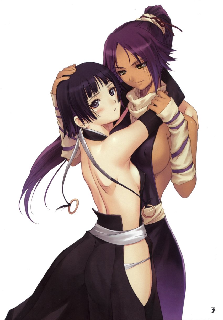 2d 2girls arm_gloves arm_warmers asymmetrical_docking backless backless_outfit bare_back bare_shoulders belt big_breasts black_eyes black_hair bleach blunt_bangs blush braids breast_size_difference breasts brown_skin bust busty chocolate_and_vanilla cleavage dark-skinned_female duo duo_focus erect_nipples erect_nipples_under_clothes female female_only female_with_female gloves head_pat height_difference hug huge_breasts hugging interracial interracial_yuri larger_female looking_at_another looking_at_partner looking_at_viewer looking_back multiple_females multiple_girls no_bra obi oppai pale-skinned_female pale_skin perky_breasts petite ponytail purple_hair revealing_clothes scarf shihouin_yoruichi short_hair_with_long_locks sideboob simple_background size_difference small_breasts smaller_female soifon standing taka_tony taller_female taller_girl teacher_and_student tied_hair twin_braids white_background white_skin yellow_eyes yuri