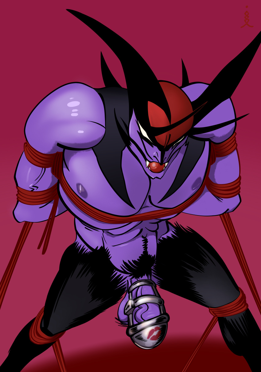 akira_fudou anthro arms_behind_back bara big_penis black_fur bondage breasts chich cock_cage demon devilman devilman_crybaby digital_media_(artwork) drooling erection fur gag gay hairy japanese kiss_mark looking_at_viewer male_only muscular nipples nude obliques open_mouth penis pubic_hair restrained sadism simple_background spread_legs stripes tail yaoi