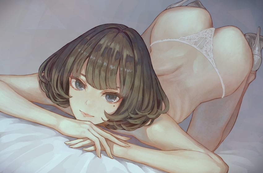 1girls ass ass_up bangs female_only green_hair heels idolmaster kaoming looking_at_viewer modeling on_bed on_stomach panties panties_only shoes_only short_hair skinny solo takagaki_kaede the_idolm@ster thong white_sheets