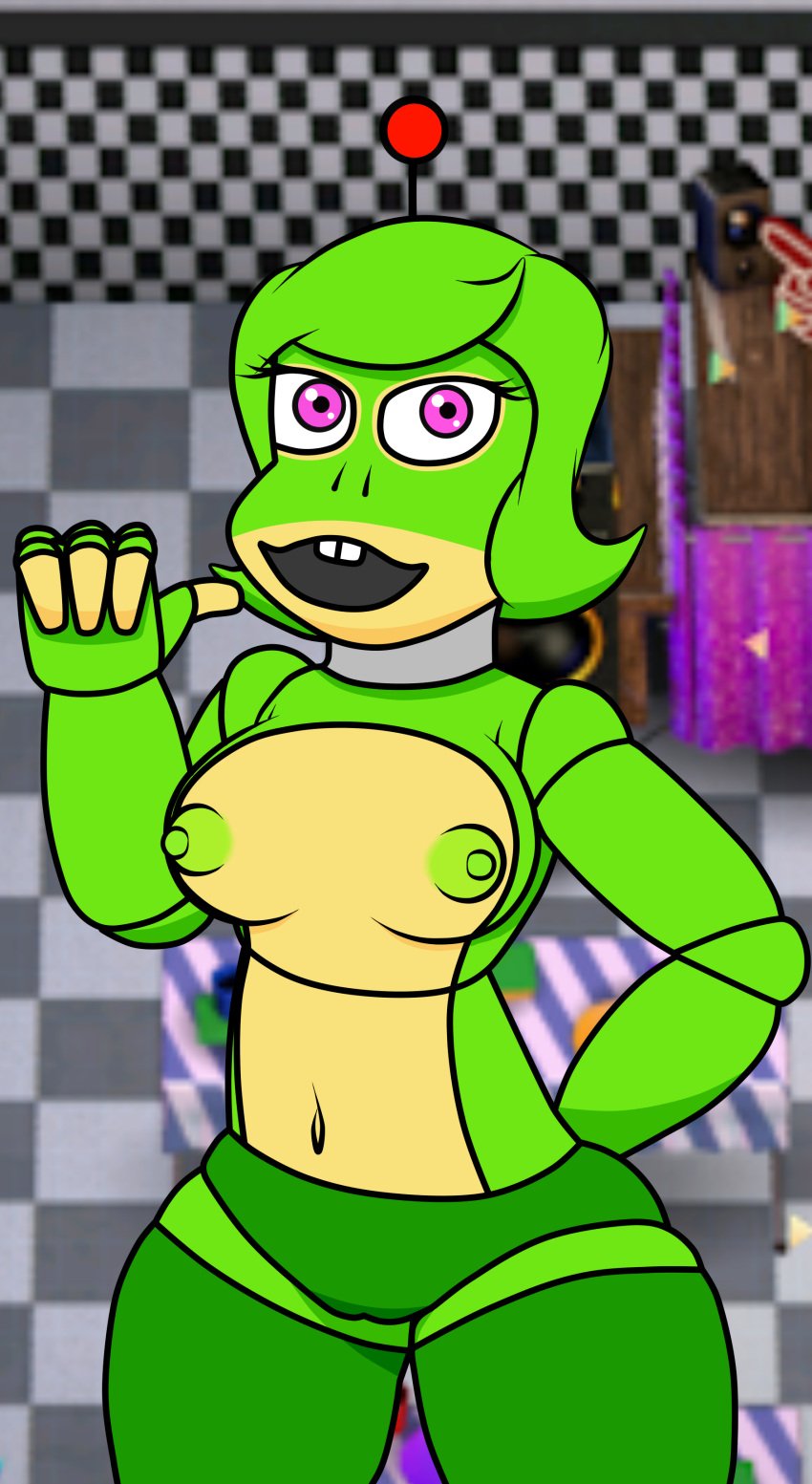 1girls amphibian animatronic breasts eyelashes female female_focus female_only five_nights_at_freddy's freddy_fazbear's_pizzeria_simulator frog frog_girl green_hair green_skin happy_frog mouth_open nipples number_1_crate_(fnaf) pink_eyes robot robot_girl screenshot small_breasts zaftero_(artist)