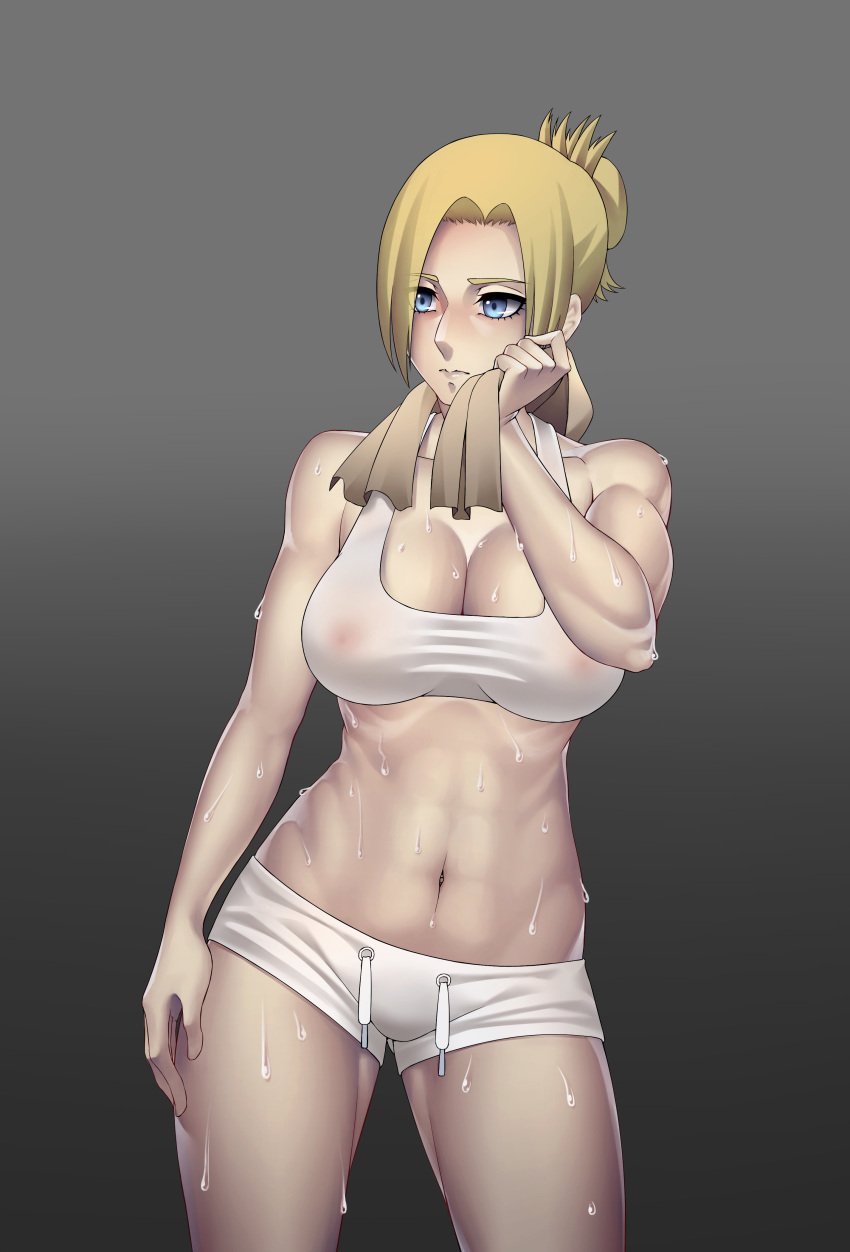 absurdres annie_leonhardt arashidrgn attack_on_titan blonde_hair breasts emotionless expressionless female female_focus female_only highres muscles muscular muscular_female nipple_bulge nipples see-through shingeki_no_kyojin soldier sports_bra sweat tagme tomboy