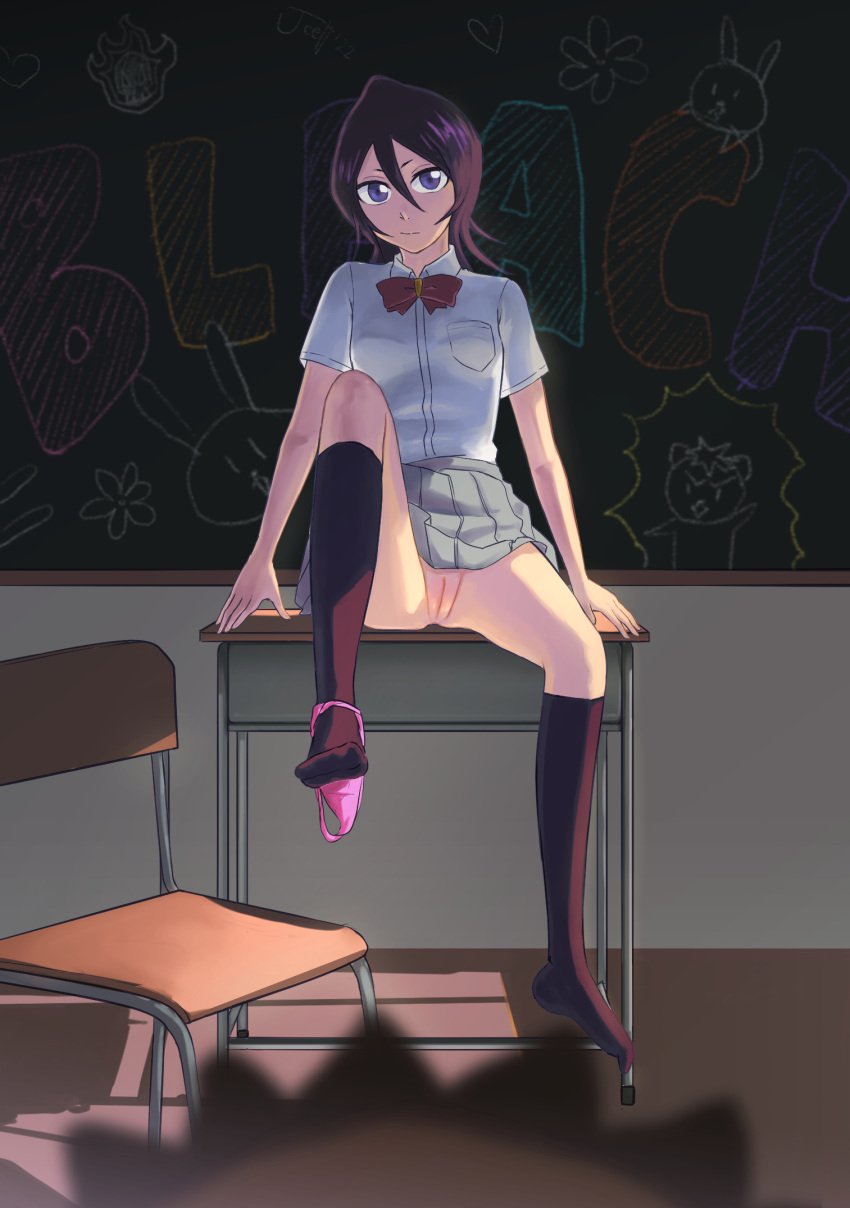 1boy 1girls alternate_version_available black_hair black_legwear black_socks bleach chalk chalkboard classroom clothing desk_chair digital_media_(artwork) fanart female footwear full_color high_resolution indoors innie_pussy jcell knee_high_socks kon kuchiki_rukia large_eyes legwear male male/female male_pov no_panties on_desk pink_underwear pov purple_eyes school_desk school_uniform shadow sitting sitting_on_desk slit socks stuffed_animal stuffed_toy sunlight underwear uniform upskirt vagina walk-in