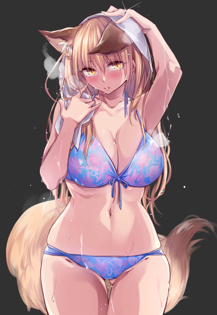 animal_ears big_breasts bikini blonde_hair blush breath cleavage curvy female female_only fox_ears fox_girl fox_tail hourglass_figure kemonomimi kitsune long_hair looking_at_viewer original shizu-chan slit_pupils solo swimsuit tail thigh_gap towel_on_head wedding_ring wet wet_hair wet_skin wide_hips yellow_eyes yukibuster