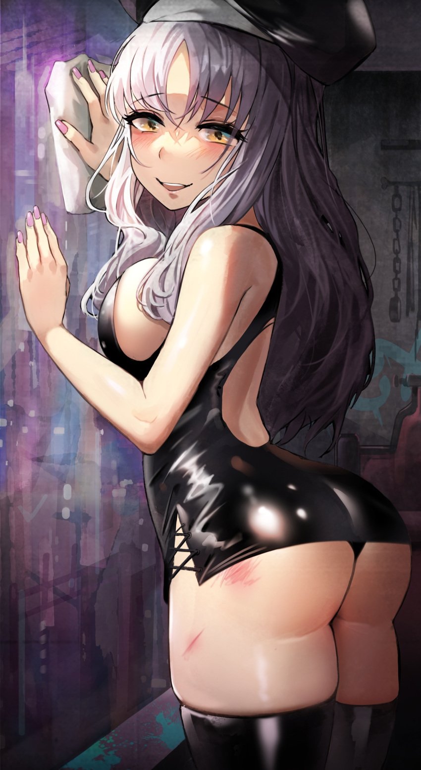 beret big_ass big_breasts black_legwear black_thighhighs blush bubble_butt caren_ortensia fate/hollow_ataraxia fate/kaleid_liner_prisma_illya fate_(series) female female_only hat latex latex_clothing latex_thighhighs long_hair looking_at_viewer looking_back minidress nail_polish scratches short_dress sideboob skin_tight sleeveless smile solo suou-sensei thick_thighs thighhighs type-moon wavy_hair whip_marks white_hair yellow_eyes zettai_ryouiki