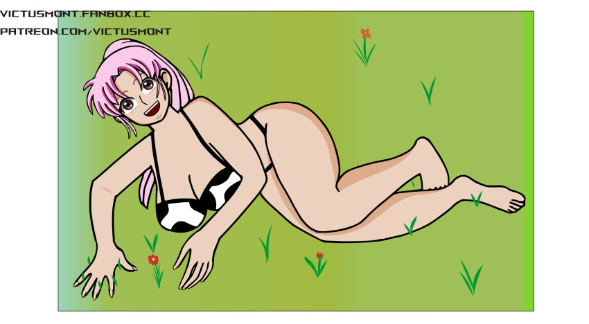 bare_arms bare_legs bare_shoulders bare_thighs barefoot big_ass big_breasts brown_eyes cow_bikini cow_print dragon_quest dragon_quest_dai_no_daibouken female fingernails flower grass grass_field hands_on_ground hourglass_figure large_breasts legs_crossed light-skinned_female lying_on_ground lying_on_side maam open_mouth pink_hair ponytail smiling sole_female swimsuit thick_ass thick_thighs victusmont voluptuous wide_hips