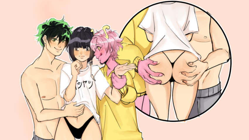 1boy 2girls admiring ass ass_grab ass_worship behind_view black_thong boxers boyfriends_shirt cute female green_eyes green_hair horns izuku_midoriya kyoka_jiro male mina_ashido multiple_girls my_hero_academia no_pants ot3 oversized_hoodie pink_hair pink_skin polyamory purple_hair shirtless thong throuple