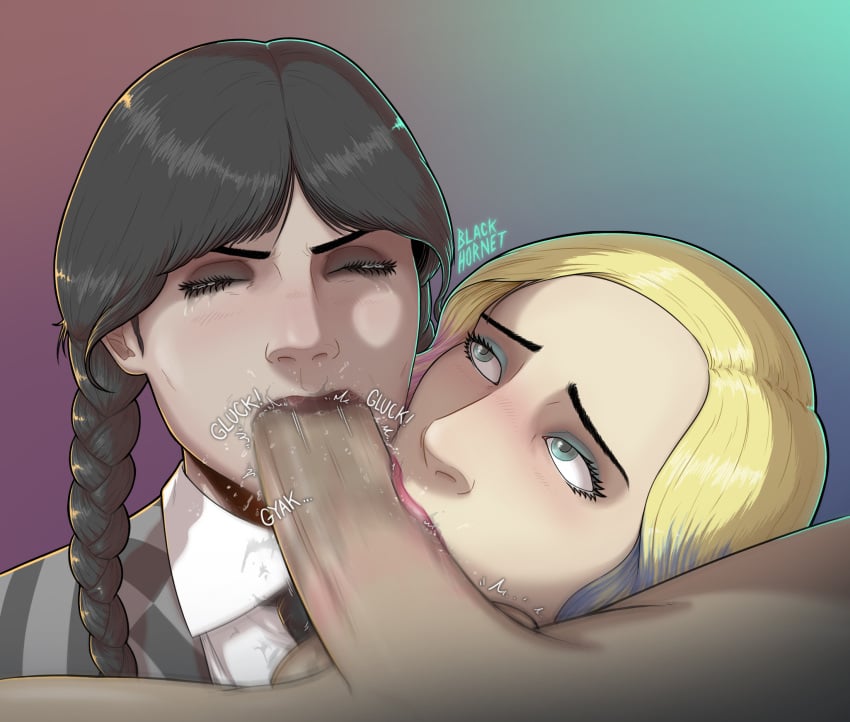 ) 2d 2d_(artwork) 2girls absurd_res black_hair blackhornet blonde_hair blowjob blue_eyes closed_eyes clothed clothed_female clothed_female_nude_male clothing collaborative_fellatio colored_hair crying crying_with_eyes_closed enid_sinclair eyelashes fellatio female female_focus ffm_threesome lipstick lipstick_mark lipstick_on_penis male motion_blur movement multiple_girls partial_male penis rainbow_party saliva saliva_on_penis self_upload skinfluting slobber_on_penis sloppy sloppy_blowjob straight tagme teamwork the_addams_family threesome wednesday_(netflix) wednesday_addams