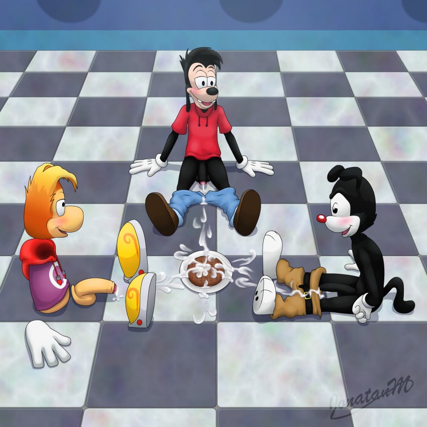 1:1 animaniacs anthro balls bathroom biscuit_(food) black_body blush bodily_fluids bread canid canine canis clothed clothing crossover cum cum_on_ground detachable detachable_penis detailed_background digital_media_(artwork) disney domestic_dog duo erection food foreskin fur genital_fluids genitals glans gloves goof_troop group hair half-closed_eyes half-erect handwear hi_res humanoid_genitalia humanoid_penis inkblot jonatanm long_foreskin male male_only mammal max_goof narrowed_eyes open_mouth partially_retracted_foreskin penis public_restroom rayman rayman_(series) raypeople_(rayman) smile soggy_biscuit solo_male story story_in_description ubisoft video_games warner_brothers watermark yakko_warner