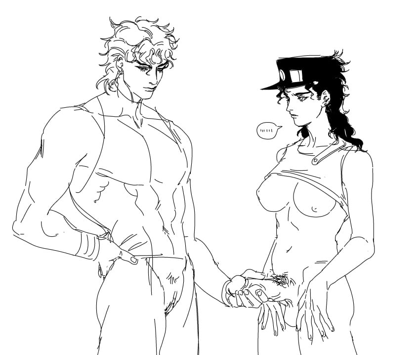 1cuntboy 1futa ashva big_breasts big_penis bottomless breasts clothed clothing cuntboy dio_brando erection female_jotaro futa_with_cuntboy futanari human intersex jojo's_bizarre_adventure jotaro_kujo monochrome mostly_nude muscular muscular_male partially_clothed penis rule_63 shirt_up sketch standing stardust_crusaders