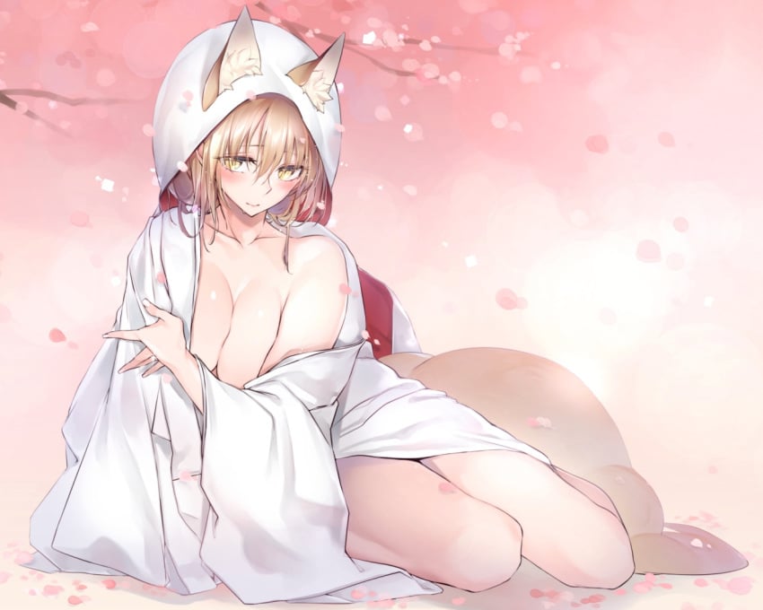 animal_ears big_breasts blonde_hair blush bride cherry_blossoms cleavage female female_only fox_ears fox_girl fox_tail full_body headwear kemonomimi kimono kitsune looking_at_viewer no_bra off_shoulder original petals shiromuku shizu-chan sitting smile solo tail wataboushi wedding_dress yellow_eyes yukibuster