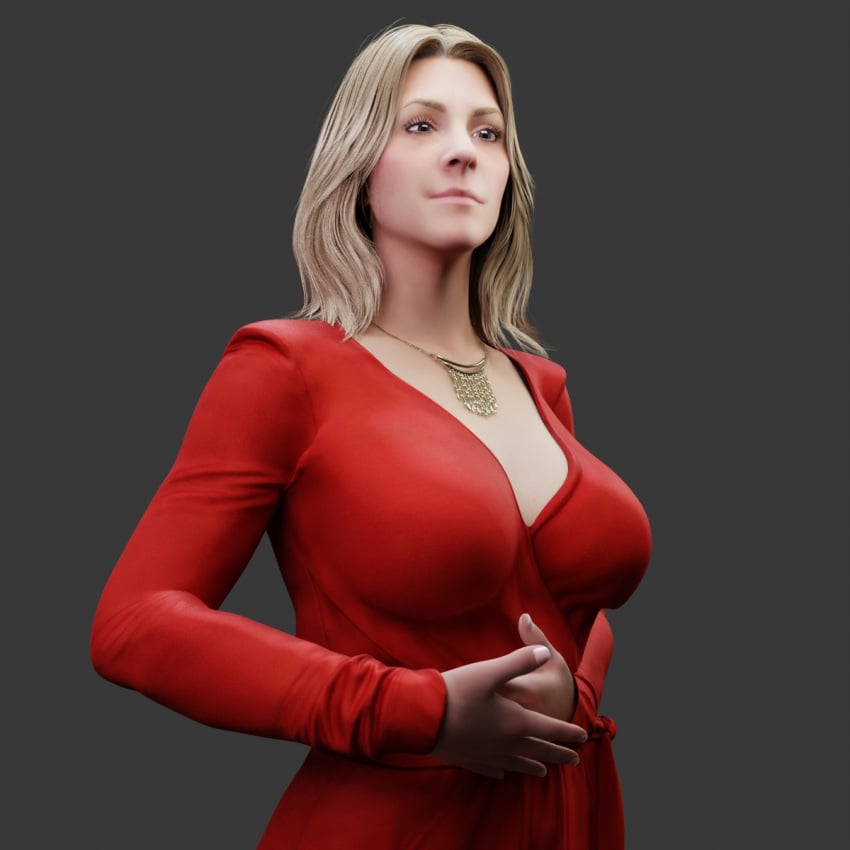 1girls 3d amelie_(death_stranding) big_breasts blonde_female blonde_hair blue_eyes cleavage cleavage_dress death_stranding dress jewelry light-skinned_female milf red_dress reikosfm smiling