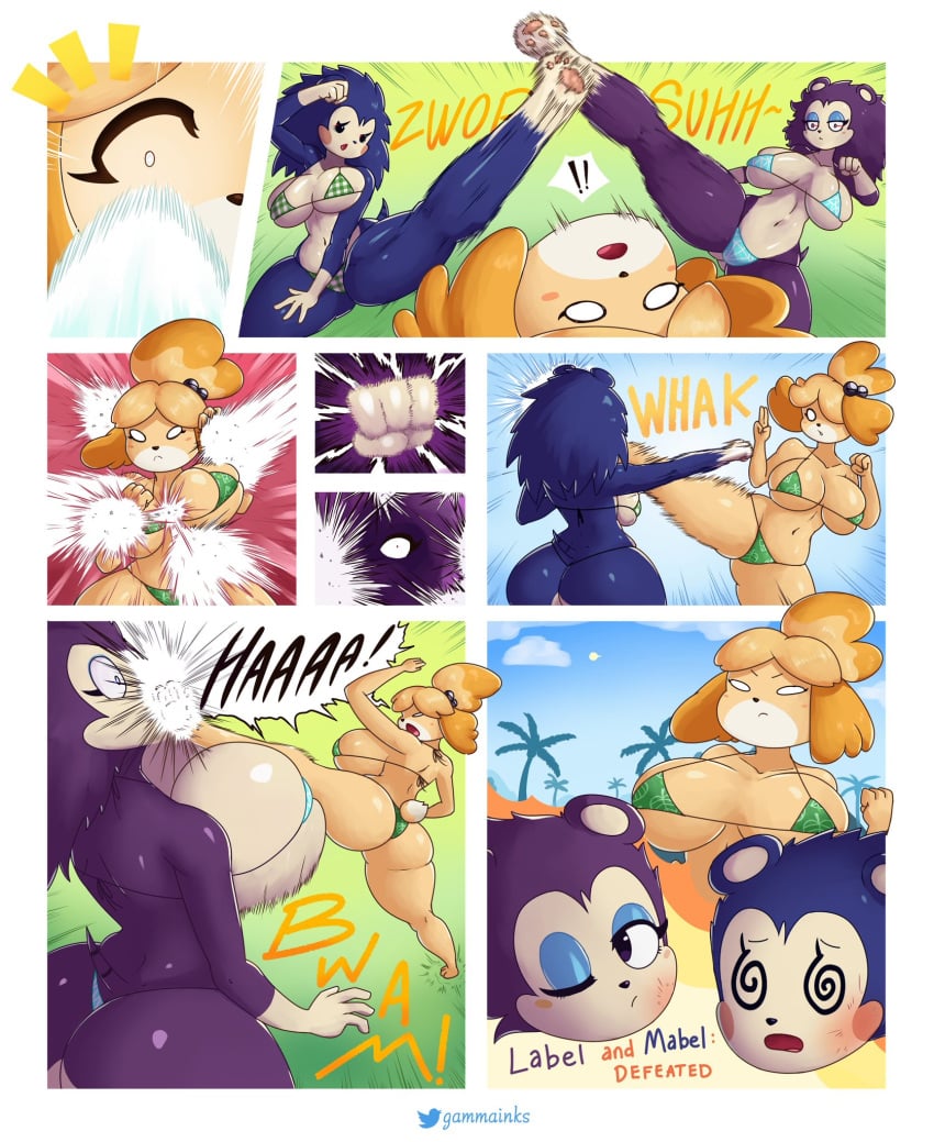 2022 alternate_breast_size animal_crossing ankha ankha_(animal_crossing) anthro beach big_breasts bikini chrissy_(animal_crossing) fauna_(animal_crossing) femboy fight fighting_stance francine_(animal_crossing) gammainks isabelle_(animal_crossing) kick kicking labelle_able mabel_able marshal_(animal_crossing) martial_arts mob_face muscular_male nintendo punch punching raymond_(animal_crossing) reese_(animal_crossing) ryona sable_able string_bikini voluptuous