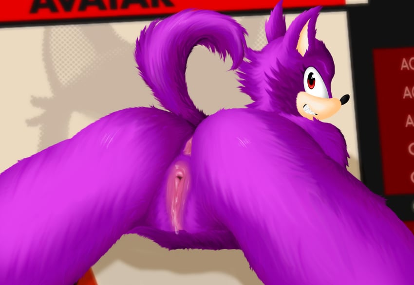 1girls anus ass_focus back_view female female_only fur furry furry_only looking_back naked nude purple_fur pussy pussy_juice_drip rear_view red_eyes solo sonic_(series) sonic_forces tail wolf_girl wolfurra_the_coldblooded