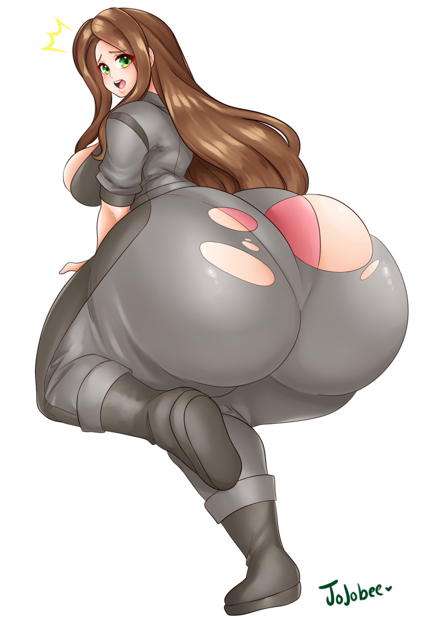 1girls 2021 ass big_breasts bottom_heavy breasts brown_hair clothed clothing female female_focus green_eyes hips huge_ass hyper hyper_ass jojoniumart jumpsuit karamina_(demonwolf202) long_hair looking_back ripped_clothing shocked solo solo_female solo_focus thick_ass thick_thighs thighs wardrobe_malfunction watermark wide_hips