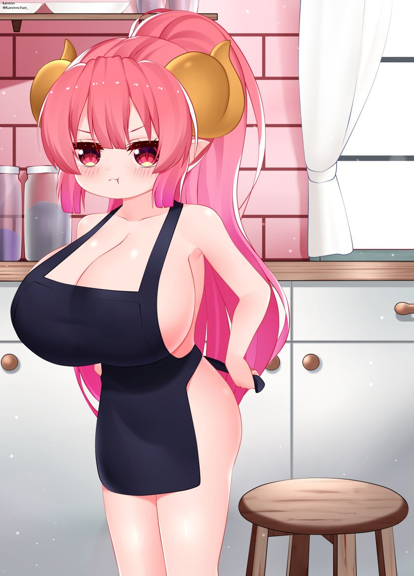 1girls adorable alternate_hairstyle angry apron big_breasts blush breasts cute dragon_horns female horns huge_breasts ilulu_(dragon_maid) karenn long_hair miss_kobayashi's_dragon_maid monster_girl pointy_ears ponytail red_eyes red_hair standing