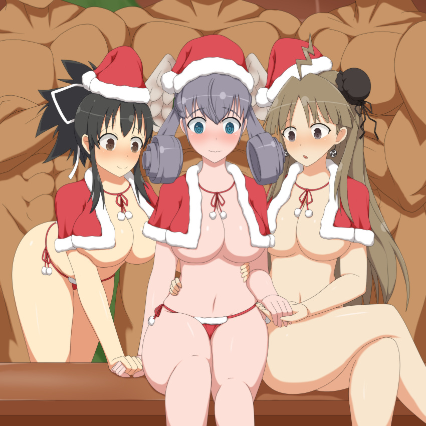 3boys 3girls asuka_(senran_kagura) belly_button bent_over big_breasts black_hair blue_eyes blush breasts brown_eyes brown_hair christmas covered_nipples crossover dark-skinned_male dark_skin female female_focus fffmmm_sixsome hand_on_waist head_wings high_entia holding_hands imminent_sex light-skinned_female light_skin male marvelous melia_antiqua muscular_male navel nervous onlysupport renka_(senran_kagura) santa_hat senran_kagura silver_hair sixsome xenoblade_(series) xenoblade_chronicles