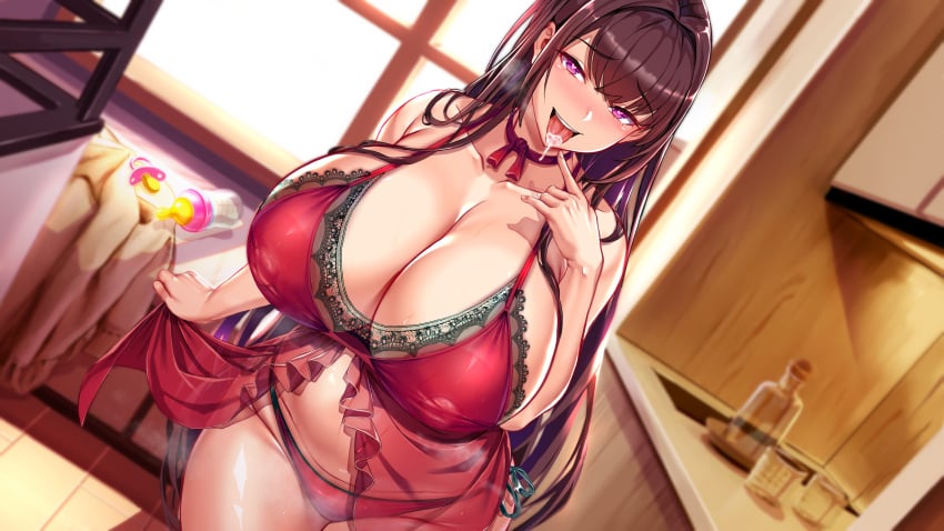 apron aroused aroused_face baby_bottle bbw bedroom_eyes big_breasts blush bra breath brown_hair choker cleavage cor369 detailed_background female female_only half-closed_eyes heart-shaped_pupils horny huge_breasts indoors lace lace-trimmed_bra lace_trim lingerie long_hair looking_at_viewer milf neck_ribbon negligee nipple_bulge open_mouth original pacifier panties plump purple_eyes red_bra red_panties ribbon_choker slightly_chubby smile solo sweatdrop tongue_out wide_hips