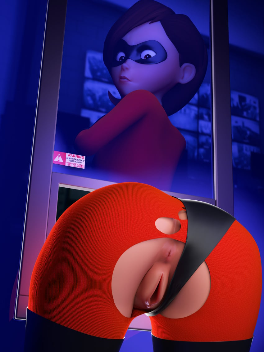 1girls 3d 3d_(artwork) anus ass back_view big_ass big_butt blender brown_eyes brown_hair clothing_aside disney elastigirl female female_only helen_parr looking_back panties_aside partially_clothed pixar presenting_hindquarters pussy rear_view smooth_skin solo superheroine tagme the_incredibles through_wall toastycogames torn_clothes