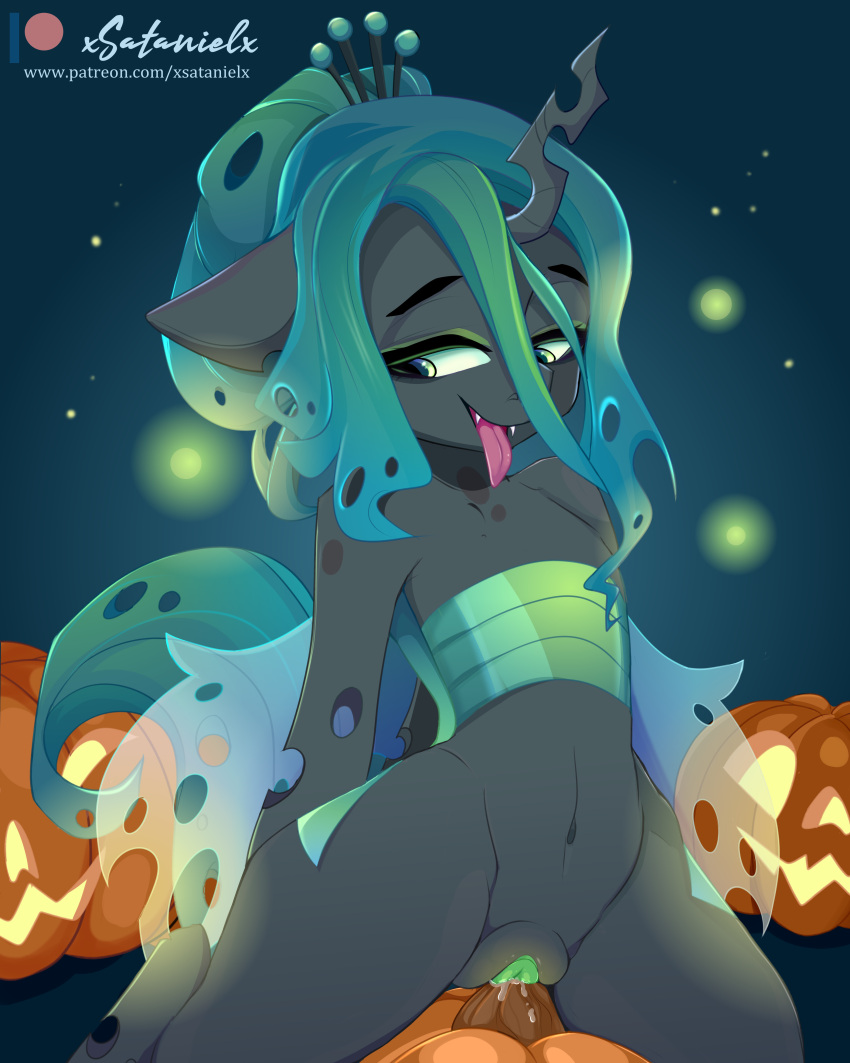 absurd_res arthropod changeling female female_penetrated friendship_is_magic genitals hi_res improvised_sex_toy jack-o'-lantern masturbation my_little_pony penetration pussy queen_chrysalis_(mlp) solo tongue tongue_out vaginal_masturbation vaginal_penetration xsatanielx