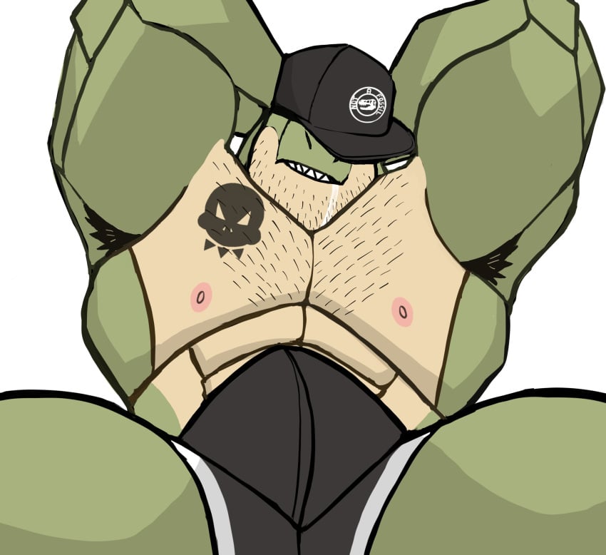 anthro armpit_hair armpits arms_behind_head bottomwear boxers buldge bulge chest_hair darknaigart dinosaur drool drool_on_face drool_string drooling flaccid green_body hat jace_(darknaig) male male_focus male_only muscular muscular_male nipples reptile scalie sleeping solo solo_male topless