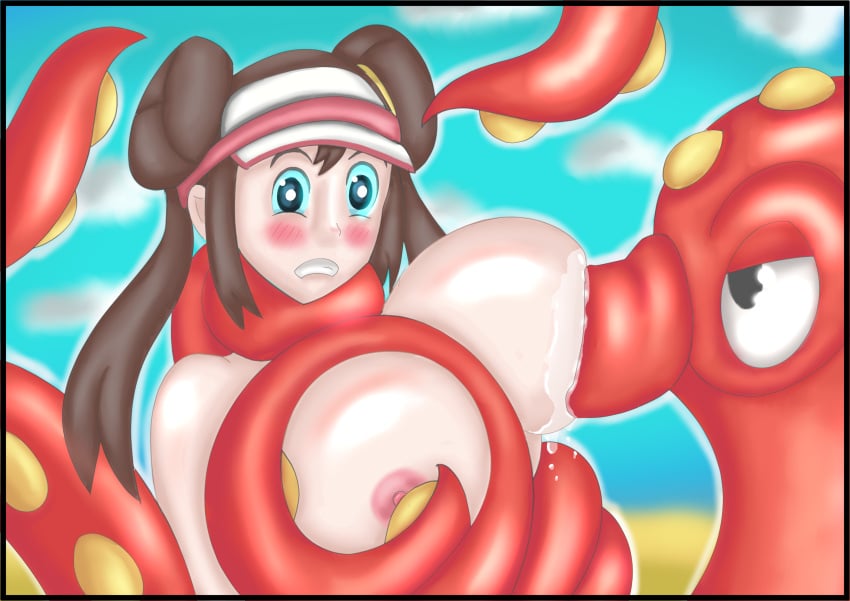 1girls aqua_eyes beach big_breasts breast_grab breast_squeeze breast_squish breast_sucking breasts brown_hair busty choking coiling coils double_bun drool female game_freak human_on_feral hypernova interspecies nintendo octillery pokemon pokephilia rosa_(pokemon) tentacle