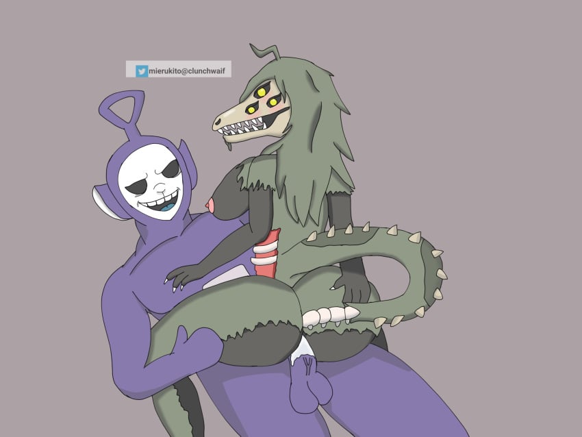 1boy 1girls crossover furry furry_tail green_hair multi_eye purple_fur scp-682 scp_foundation sex slendytubbies slendytubbies_3 straight teletubbies tinky_winky