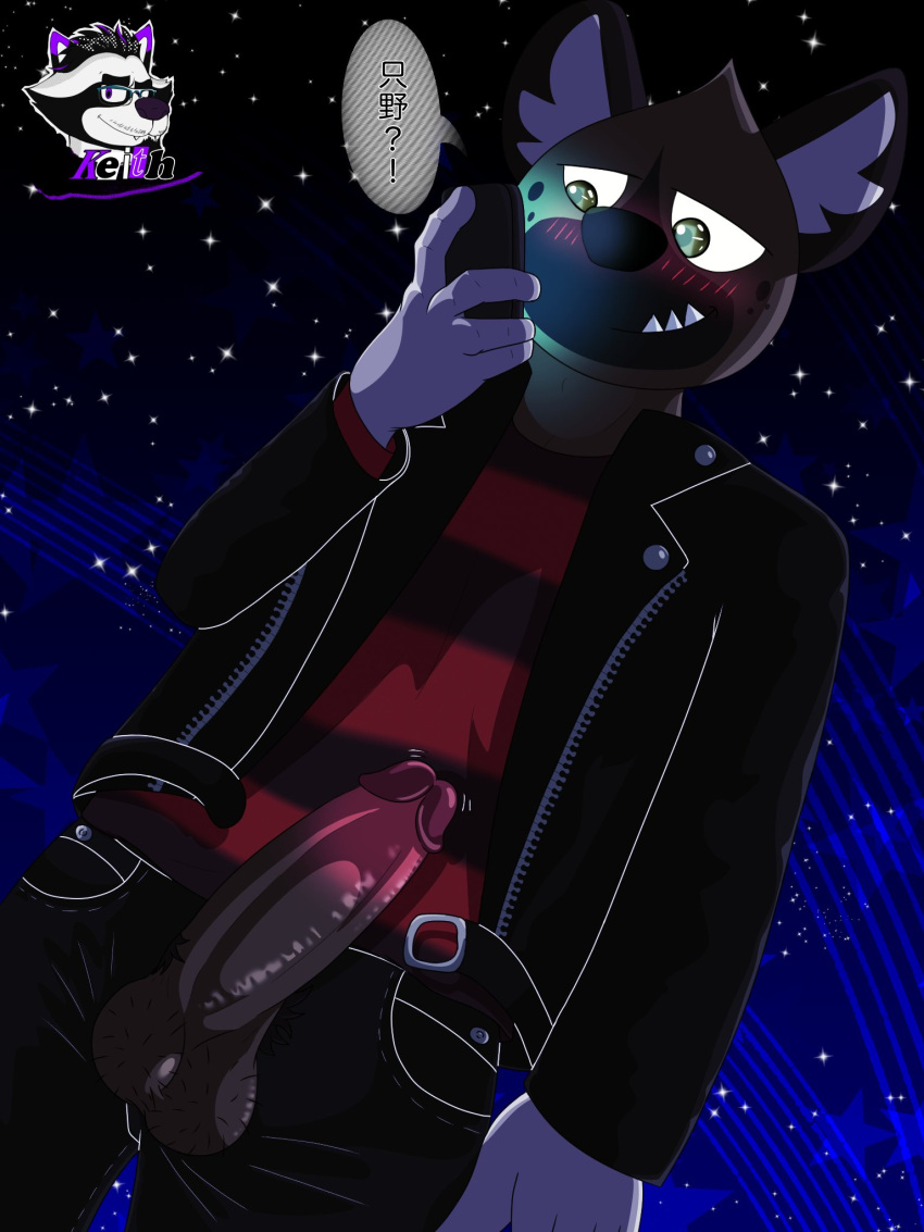 2022 aggressive_retsuko anthro ball_hair balls blush body_hair bottomwear cellphone clothed clothing dialogue digital_media_(artwork) erection fully_clothed genitals haida hairy_balls hi_res holding_cellphone holding_object holding_phone holding_smartphone humanoid_genitalia humanoid_penis hyaenid jacket japanese_text male male_only mammal pants penis penis_through_fly phone poking_out pubes raven2dx sanrio shirt smartphone smile smooth_fur solo speech_bubble spotted_hyena teeth text throbbing_penis topwear translation_request watermark