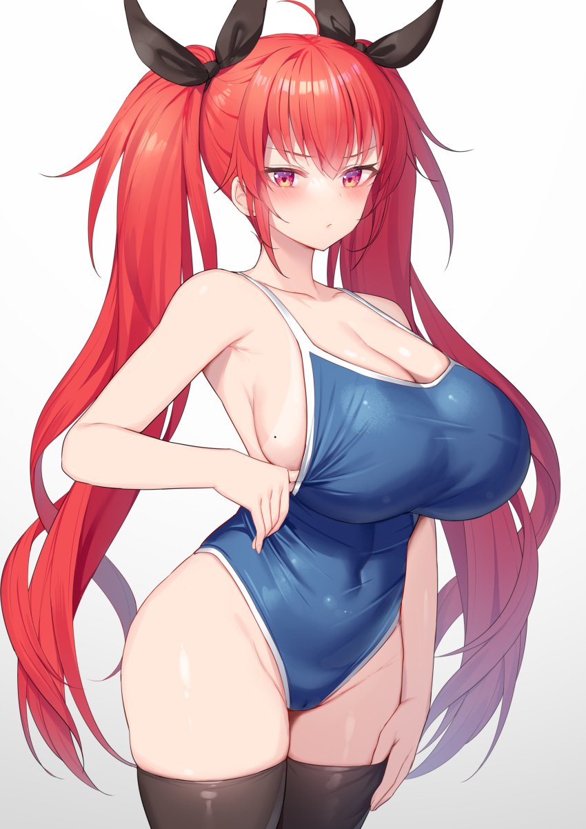 1girls absurd_res alexmaster azur_lane bangs bare_shoulders blue_swimsuit blush breasts clavicle cleavage clothes_pull clothing covered_navel female hi_res highleg highleg_swimsuit honolulu_(azur_lane) huge_breasts long_hair looking_at_viewer mole mole_on_breast one-piece_swimsuit red_eyes red_hair solo swimsuit swimsuit_pull tanlines tanned thighs tied_hair twintails