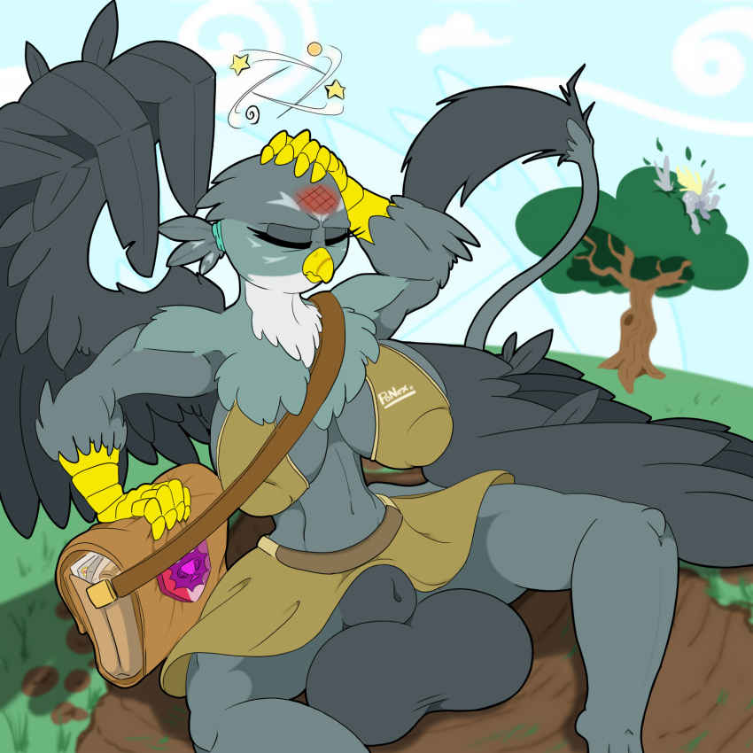 animal_genitalia anthro anthrofied avian balls big_balls bottomwear breasts clothed clothing feathers friendship_is_magic ftg_crossgender fti_crossgender fully_sheathed futanari gabby_(mlp) genitals grey_body grey_feathers gryphon gynomorph hi_res intersex my_little_pony mythological_avian mythology no_underwear rule_63 sanyo2100 sheath skirt