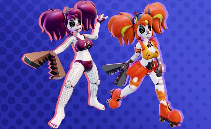 2girls 3d baby_(fnafsl) bikini black_eyes circus_baby circus_baby_(fnaf) clown_nose five_nights_at_freddy's freddy_fazbear's_pizzeria_simulator luiske476 orange_hair orange_panties purple_bikini purple_hair scrap_baby scrap_baby_(fnaf) scrap_baby_(luiske476) white_skin