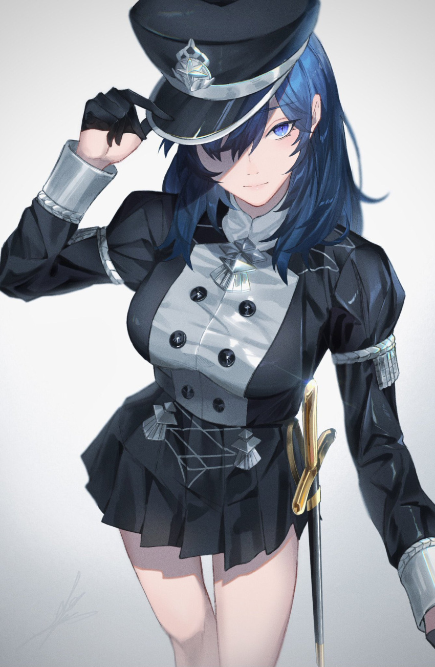 1girls 2021 adjusting_clothes adjusting_headwear bare_legs black_gloves blue_eyes blue_hair byleth_(fire_emblem) byleth_(fire_emblem)_(female) clothed clothing cropped_legs female female_only fire_emblem fire_emblem:_three_houses garreg_mach_monastery_uniform gloves gradient gradient_background grey_background hat hat_over_one_eye looking_at_viewer medium_hair nintendo official_alternate_costume one_eye_covered peaked_cap pleated_skirt skirt solo source_larger sword toho10min uniform weapon