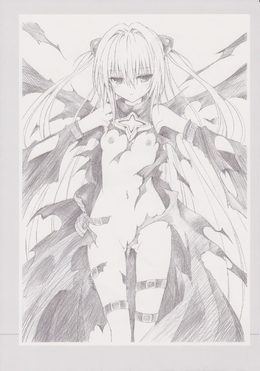 breasts breasts_exposed breasts_out female female_focus female_only golden_darkness hairless_pussy konjiki_no_yami nipples no_bra no_panties no_underwear nude pussy simple_background small_breasts solo to_love-ru to_love-ru_darkness torn_clothes traditional_art very_long_hair white_background yabuki_kentarou