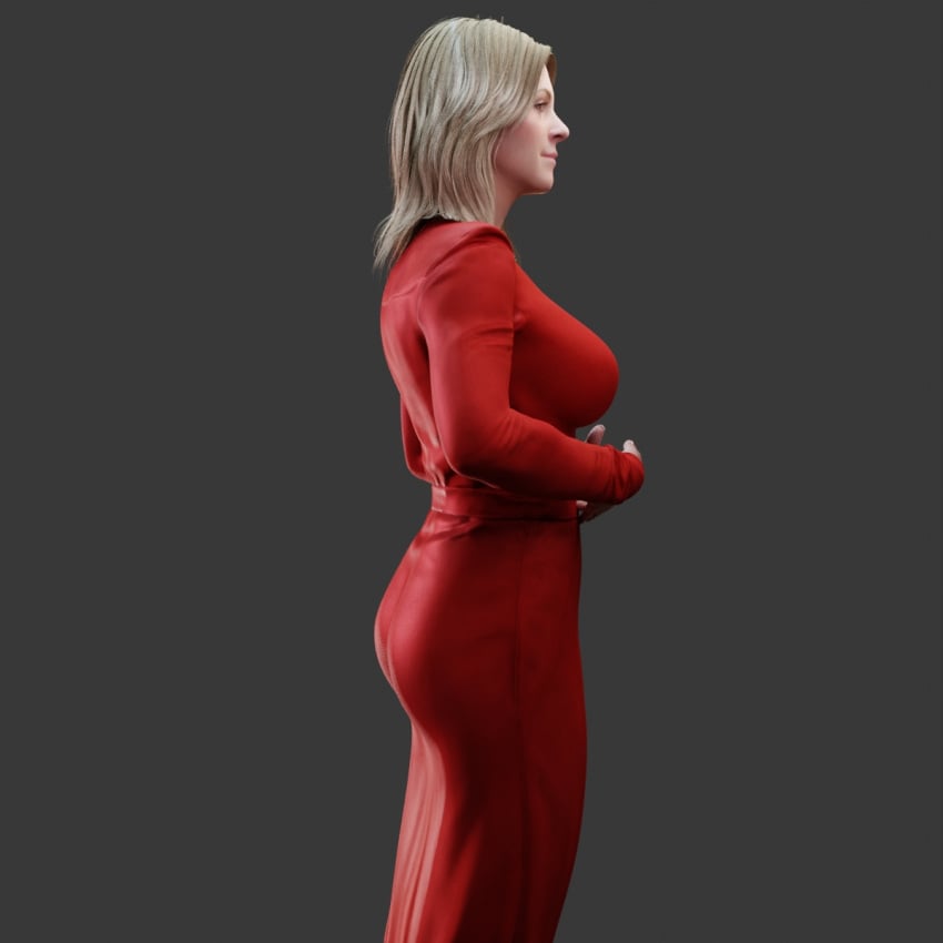 1girls 3d amelie_(death_stranding) big_breasts black_background blonde_hair death_stranding dress light-skinned_female mature_female milf red_dress reikosfm side_view