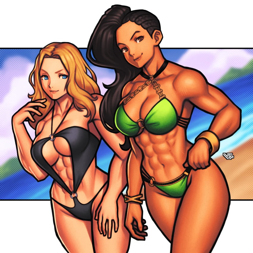 2girls abs adjusting_clothes artist_logo asymmetrical_hair beach black_hair black_swimsuit blonde_hair blue_eyes bracelet brazilian brazilian_female breasts cleavage cloud cloudy_sky cornrows dark-skinned_female eyebrows eyelashes female green_swimsuit hi_res jewelry kolin large_breasts laura_matsuda lips looking_at_viewer multiple_girls muscular muscular_female o-ring ocean one-piece_swimsuit sand sky standing street_fighter street_fighter_v swimsuit thick_thighs thighs vj99